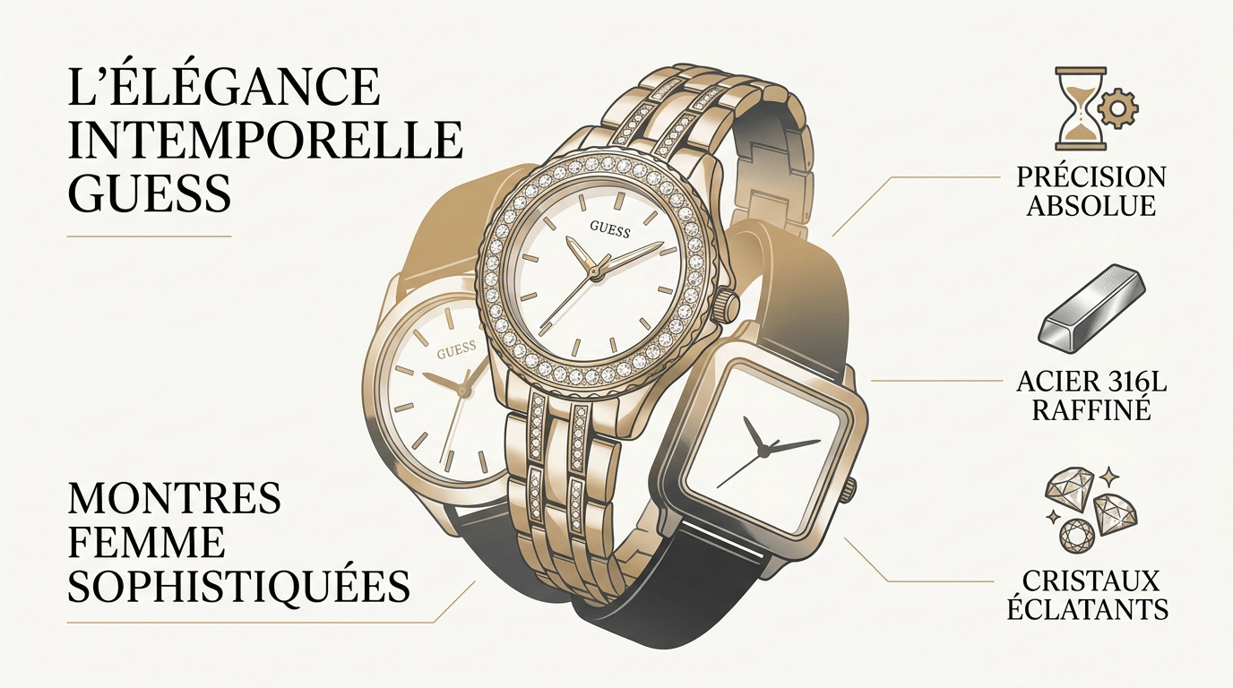 Montre Guess femme élégante sertie de cristaux sur fond sophistiqué
