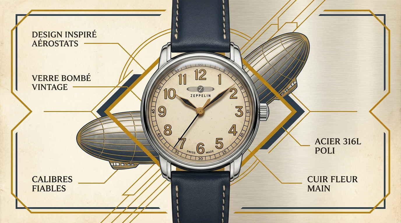 Montre Zeppelin au style néo-rétro inspirée par l'aéronautique et l'Art Déco