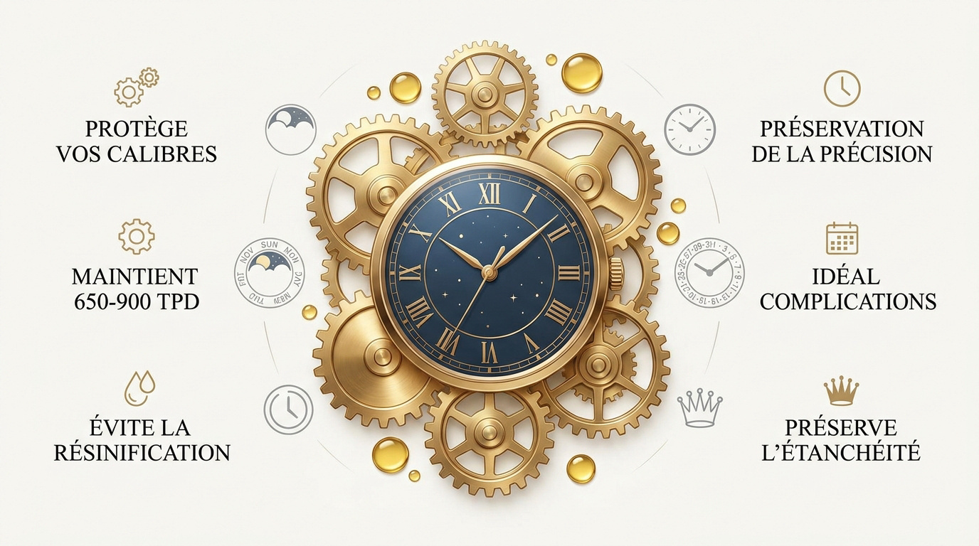 Remontoir de montre de luxe protégeant un calibre automatique de la résinification des huiles