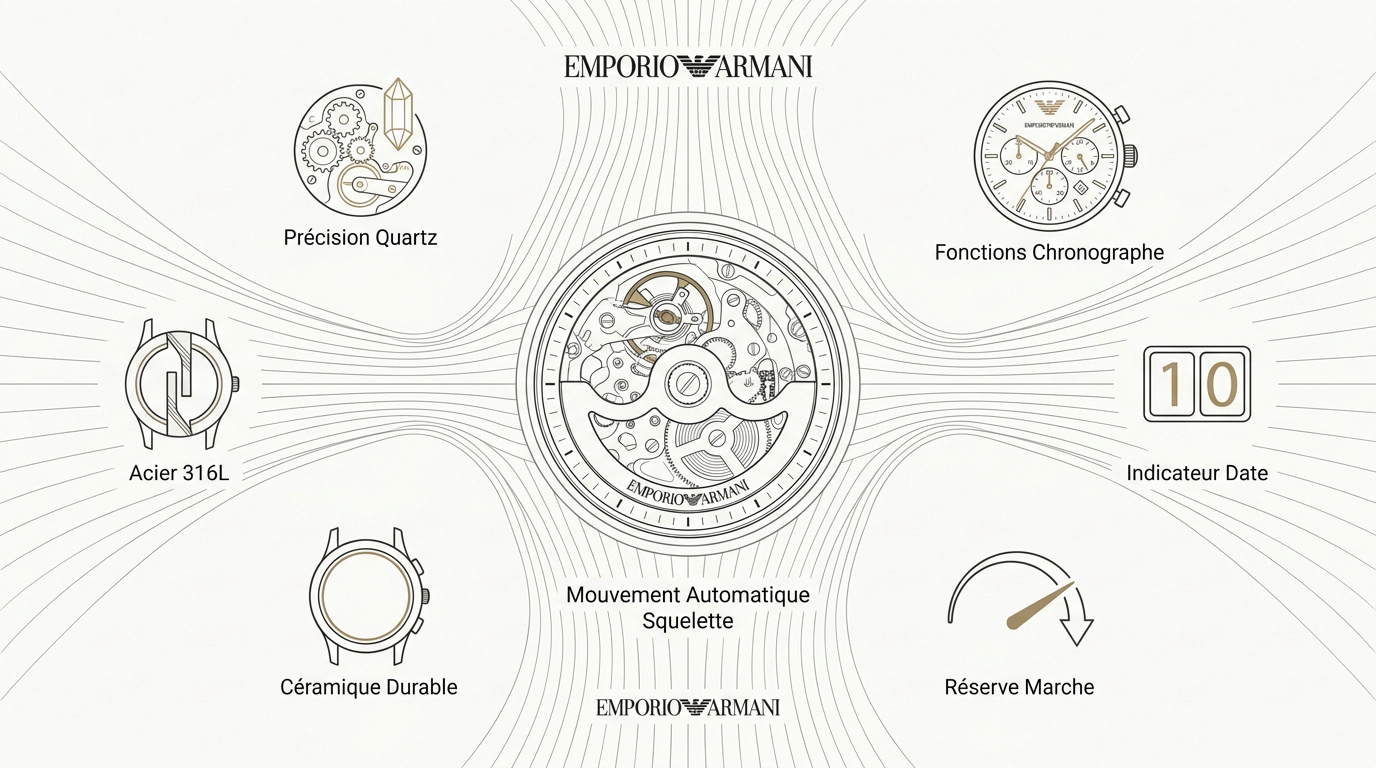 Schéma technique des complications d'une montre Emporio Armani pour homme