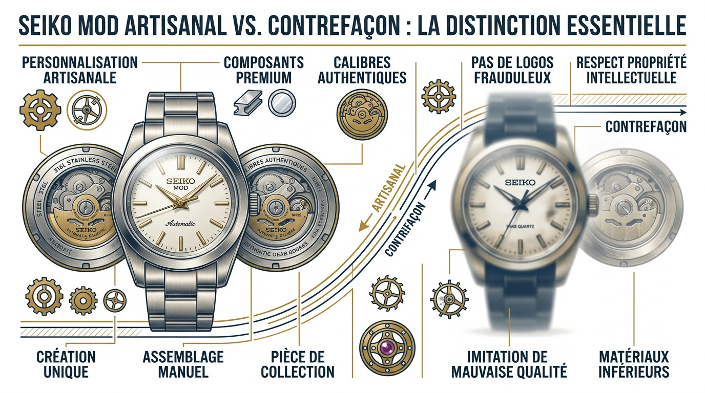 Comparaison entre un Seiko mod artisanal et une contrefaçon industrielle