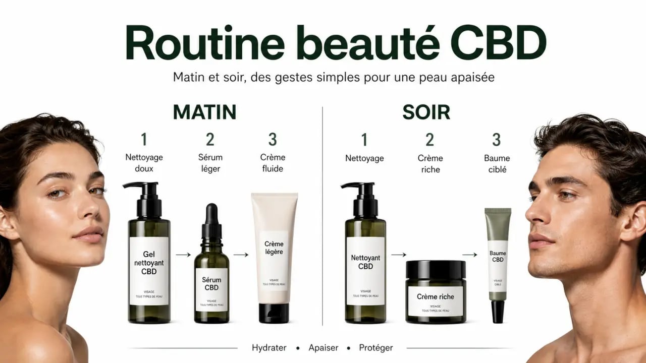 Intégrer les soins au CBD dans sa routine beauté quotidienne avec une routine matin et soir, sérum, crème et baume