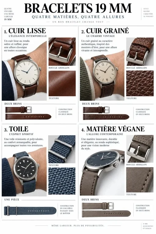 Différents styles et matières de bracelet de montre 19 mm sur des montres classiques, vintage et sportives