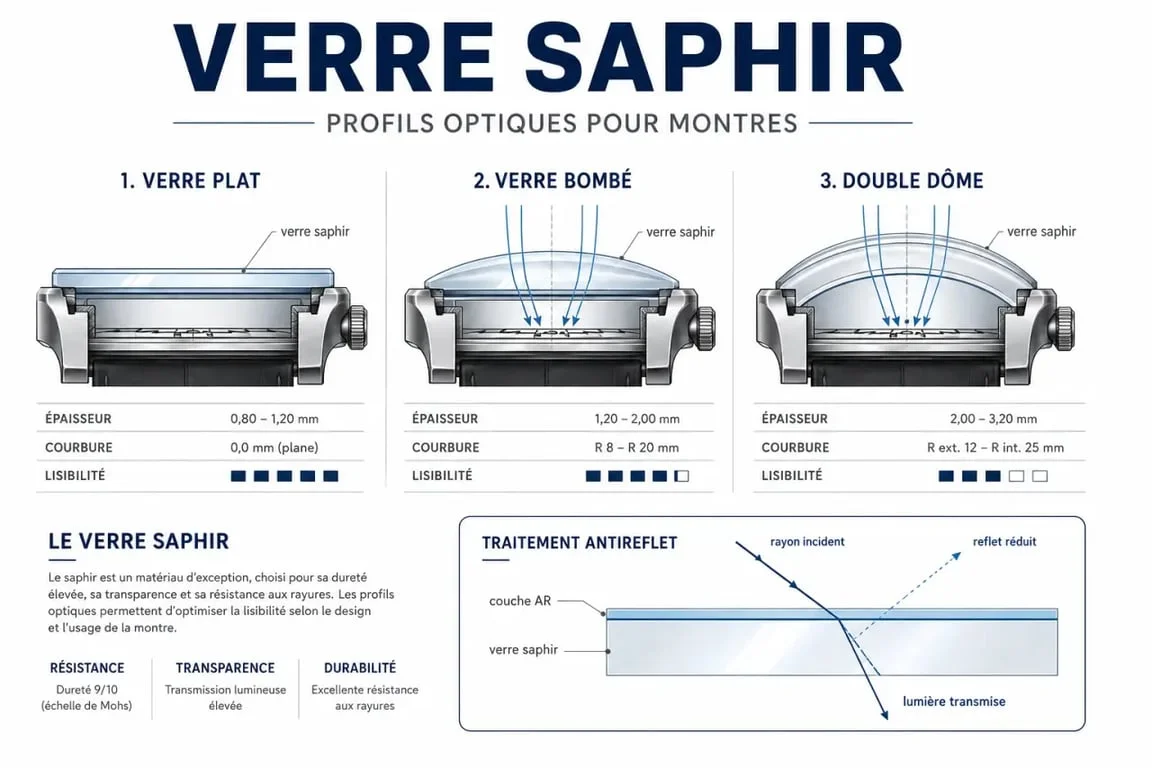 Verre saphir pour montre : comparaison entre verre plat, bombé et double dôme avec antireflet