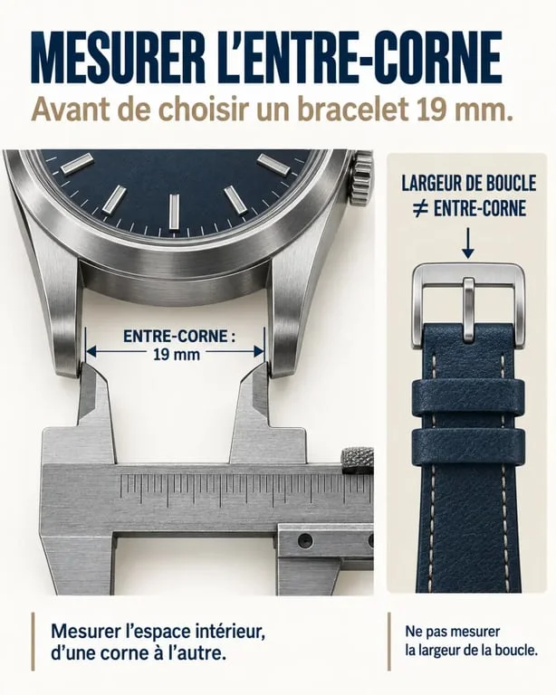 Infographie pour vérifier la mesure d’un bracelet de montre 19 mm entre les cornes