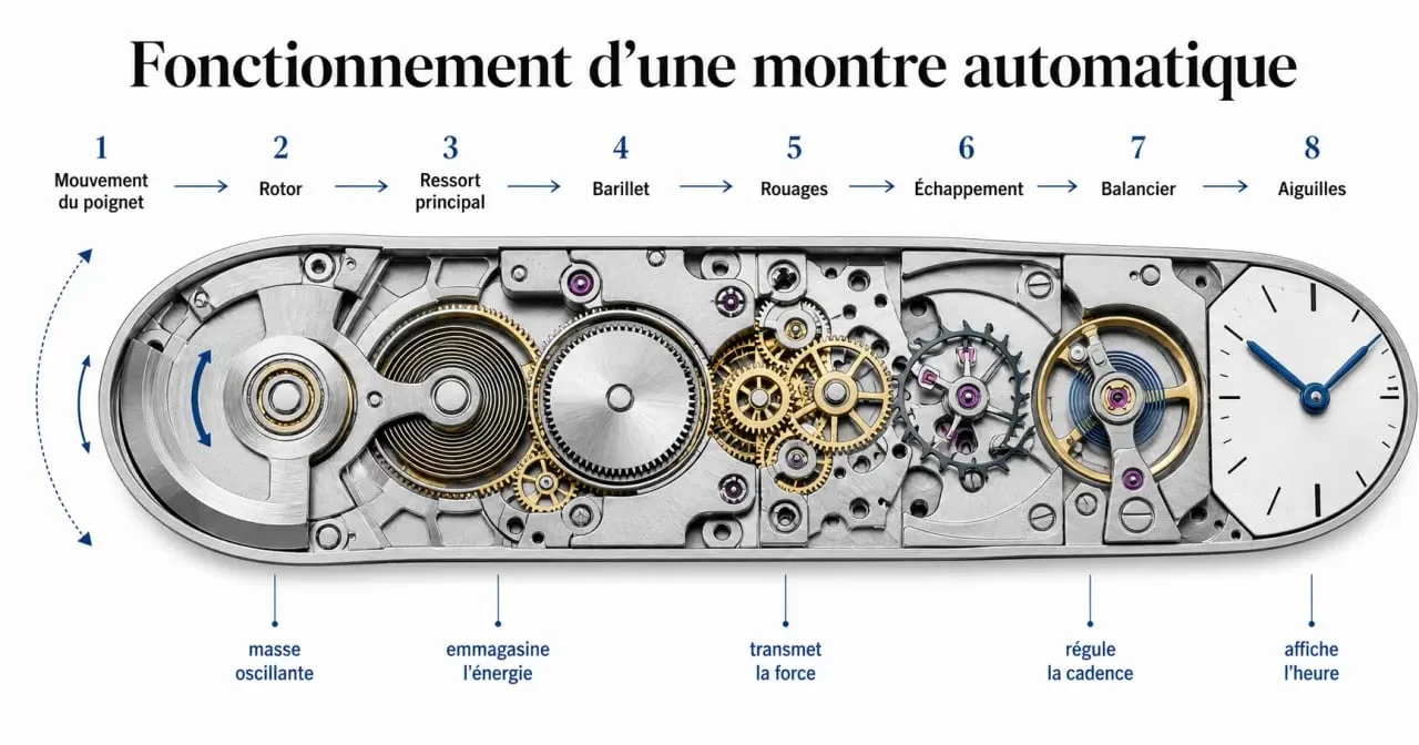 Fonctionnement d une montre automatique : schéma du rotor, du ressort principal, des rouages et du balancier