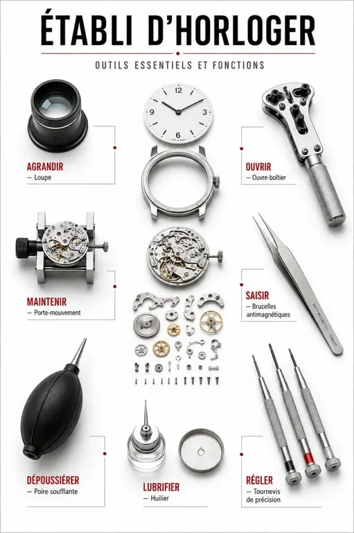 Outil horloger : les outils essentiels classés par fonction sur un établi