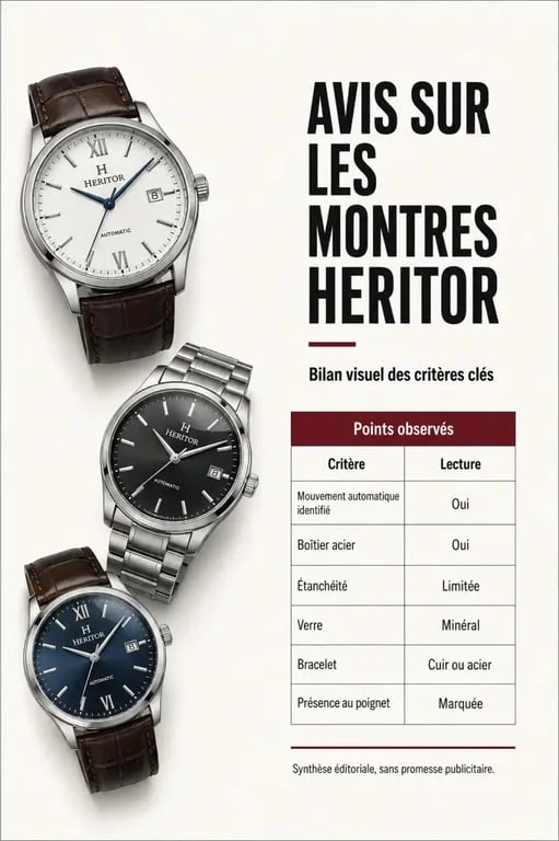 Avis sur les montres Heritor : comparaison visuelle des critères clés et des modèles mentionnés