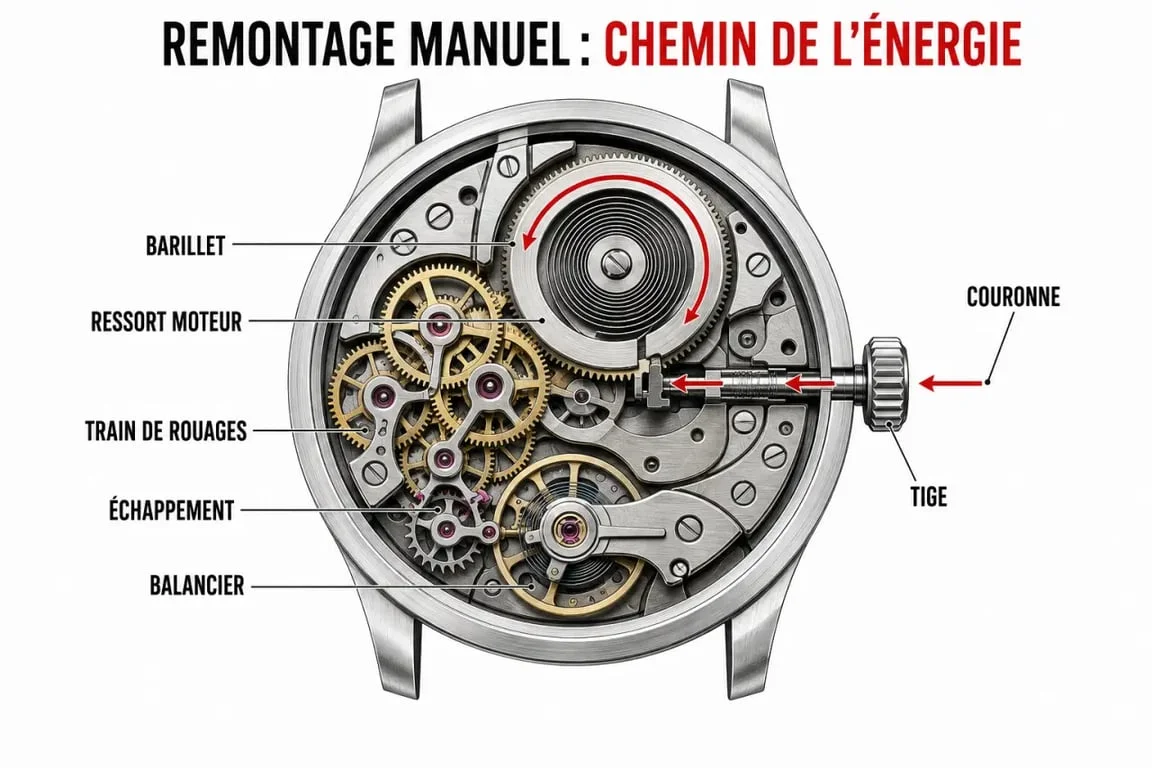 Remontage manuel montre : schéma de la mécanique interne avec couronne et ressort moteur