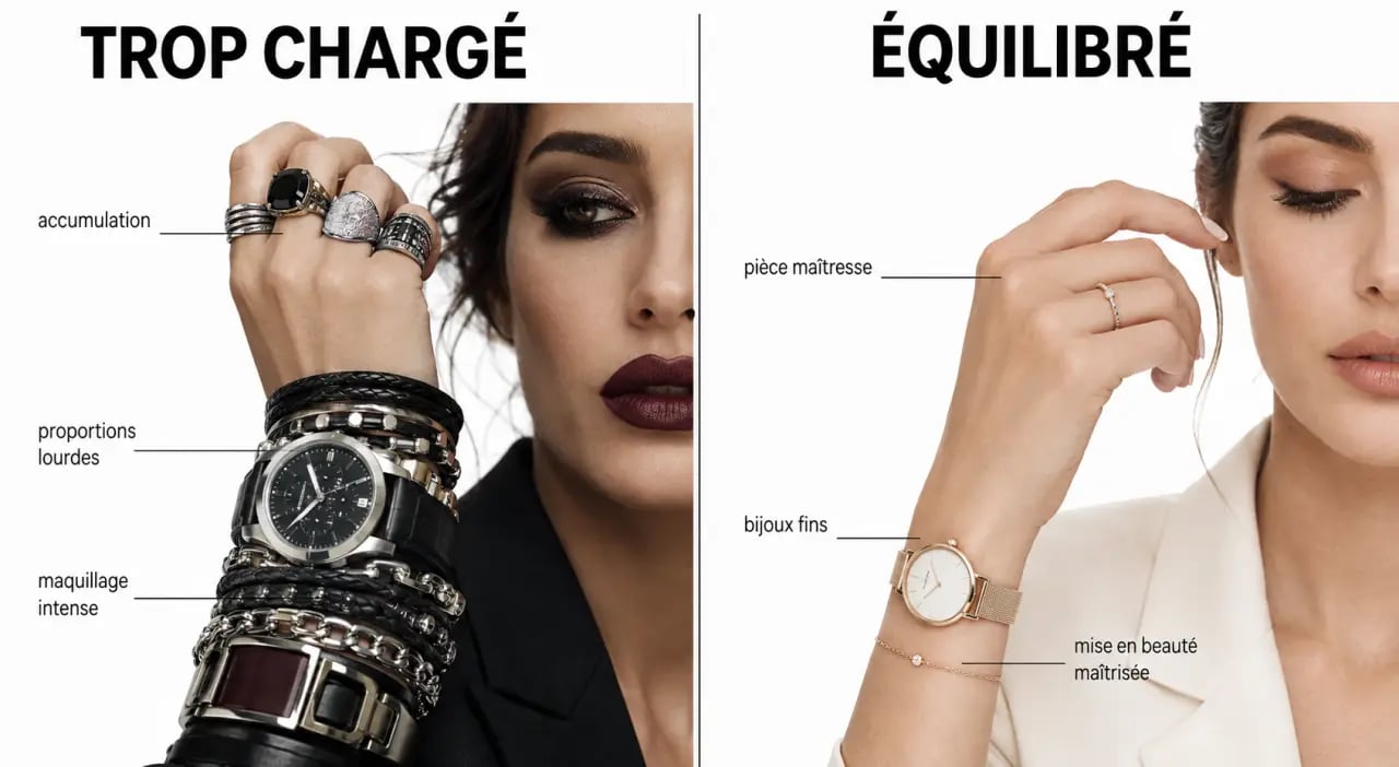 Comment accorder ses bijoux et sa montre avec une mise en beauté : exemple d’erreur de surcharge puis version harmonieuse et équilibrée