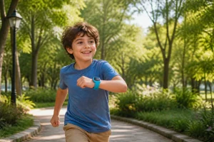 Enfant joyeux explorant un parc avec une montre connectee