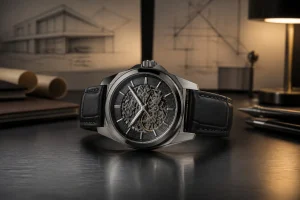 Montre squelette moderne sur surface metallique