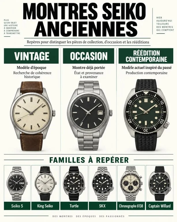 Seiko old : visuel comparatif des montres vintage, d'occasion et rééditions Seiko