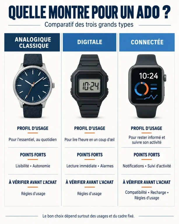 Infographie comparative des types de montre ado analogique digitale et connectée