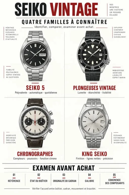 Infographie antique Seiko : familles Seiko 5, plongeuses, chronographes et King Seiko à vérifier avant achat
